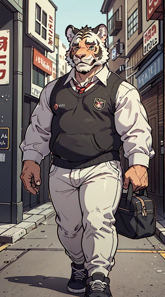 Tiger personification、high school student、uniform、Silver fur、Sharp Eyeasterpiece、Highest quality、Detailed Background、Walking around the city