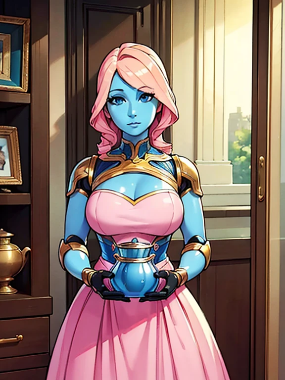 (robot housewife),(display case),(pink dress),(blonde hair),(blue eyes),(plastic skin),(best quality,4k,8k,highres,masterpiece:1.2),ultra-detailed,(realistic,photorealistic,photo-realistic:1.37),portraits,(vibrant colors,colorful:1.1),(soft lighting),(silverware),(spotless kitchen),(beautifully decorated room),(elegant surroundings),(big windows),(tidy and organized),(comfortable living space),(tastefully designed),(stunning artwork),glass showcase),(precious collectibles),(interesting artifacts),(showcasing treasures),(spotlight),(meticulously arranged),(enticing arrangement), (robot parts)