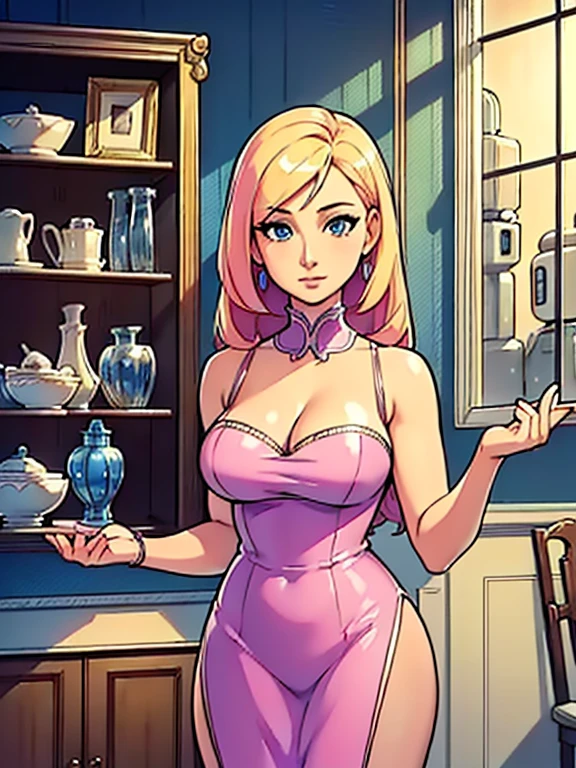(robot housewife),(display case),(pink dress),(blonde hair),(blue eyes),(plastic skin),(best quality,4k,8k,highres,masterpiece:1.2),ultra-detailed,(realistic,photorealistic,photo-realistic:1.37),portraits,(vibrant colors,colorful:1.1),(soft lighting),(silverware),(spotless kitchen),(beautifully decorated room),(elegant surroundings),(big windows),(tidy and organized),(comfortable living space),(tastefully designed),(stunning artwork),glass showcase),(precious collectibles),(interesting artifacts),(showcasing treasures),(spotlight),(meticulously arranged),(enticing arrangement), (robot parts)