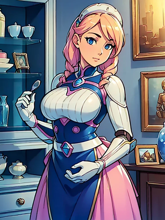 (robot housewife),(display case),(pink dress),(blonde hair),(blue eyes),(plastic skin),(best quality,4k,8k,highres,masterpiece:1.2),ultra-detailed,(realistic,photorealistic,photo-realistic:1.37),portraits,(vibrant colors,colorful:1.1),(soft lighting),(silverware),(spotless kitchen),(beautifully decorated room),(elegant surroundings),(big windows),(tidy and organized),(comfortable living space),(tastefully designed),(stunning artwork),glass showcase),(precious collectibles),(interesting artifacts),(showcasing treasures),(spotlight),(meticulously arranged),(enticing arrangement), (robot parts)
