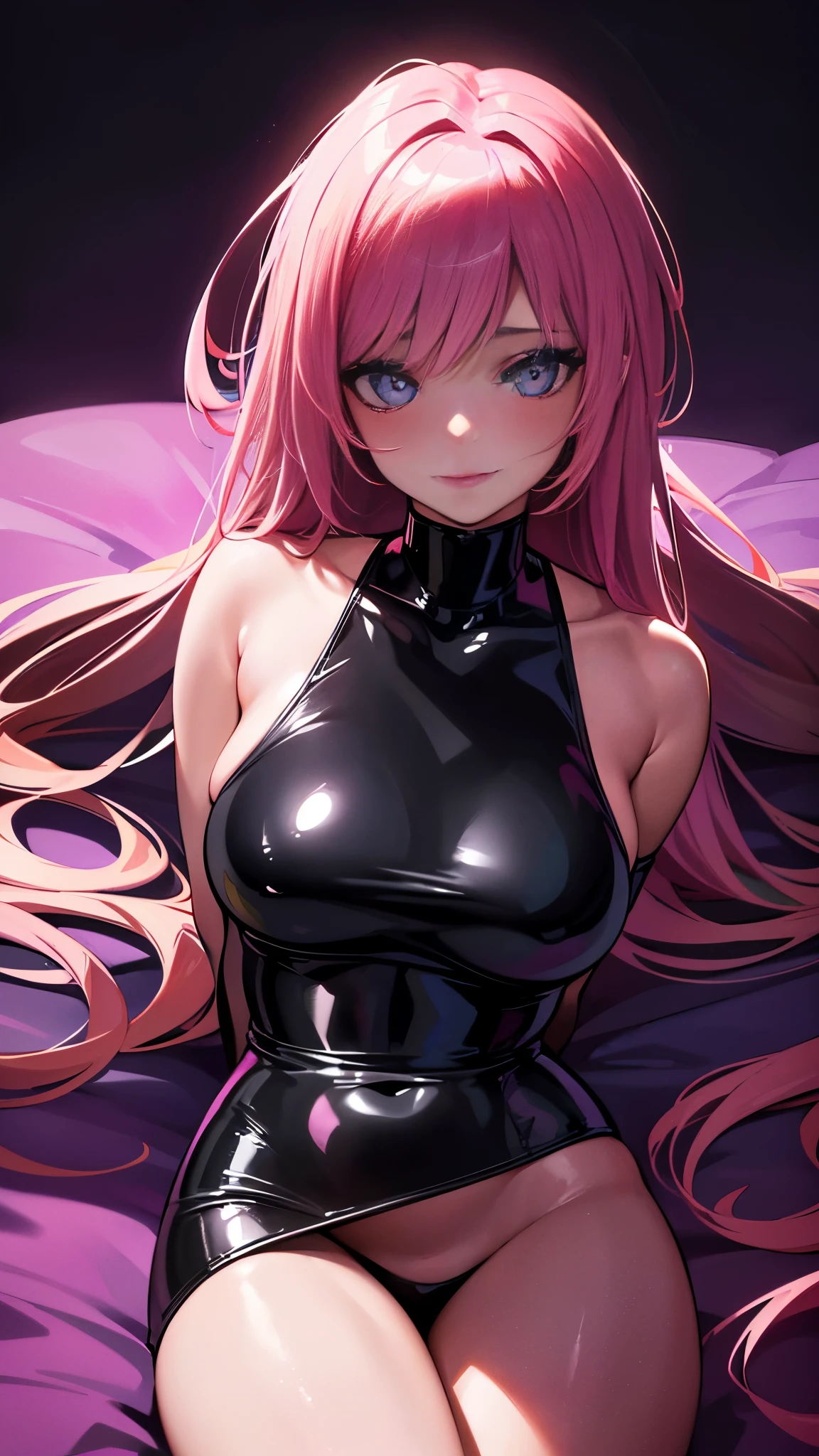 A beautiful young girl lying on a bed, bathed in the soft glow of neon lights, her face flushed with a shy, coy expression. She wears a sleek, form-fitting latex outfit that accentuates her curves, creating a captivating, sensual atmosphere. The image is of the highest quality, with exceptional attention to detail and a photorealistic rendering. Night, neon light
(best quality,4k,8k,highres,masterpiece:1.2),ultra-detailed,(realistic,photorealistic,photo-realistic:1.37),neon lighting,girl on bed,girl blushing,latex outfit,hot,girl half nude,beautiful detailed eyes,beautiful detailed lips,extremely detailed eyes and face,longeyelashes,1girl,cinematic lighting,dramatic shadows,vibrant colors,glossy skin,erotic,sensual,alluring
