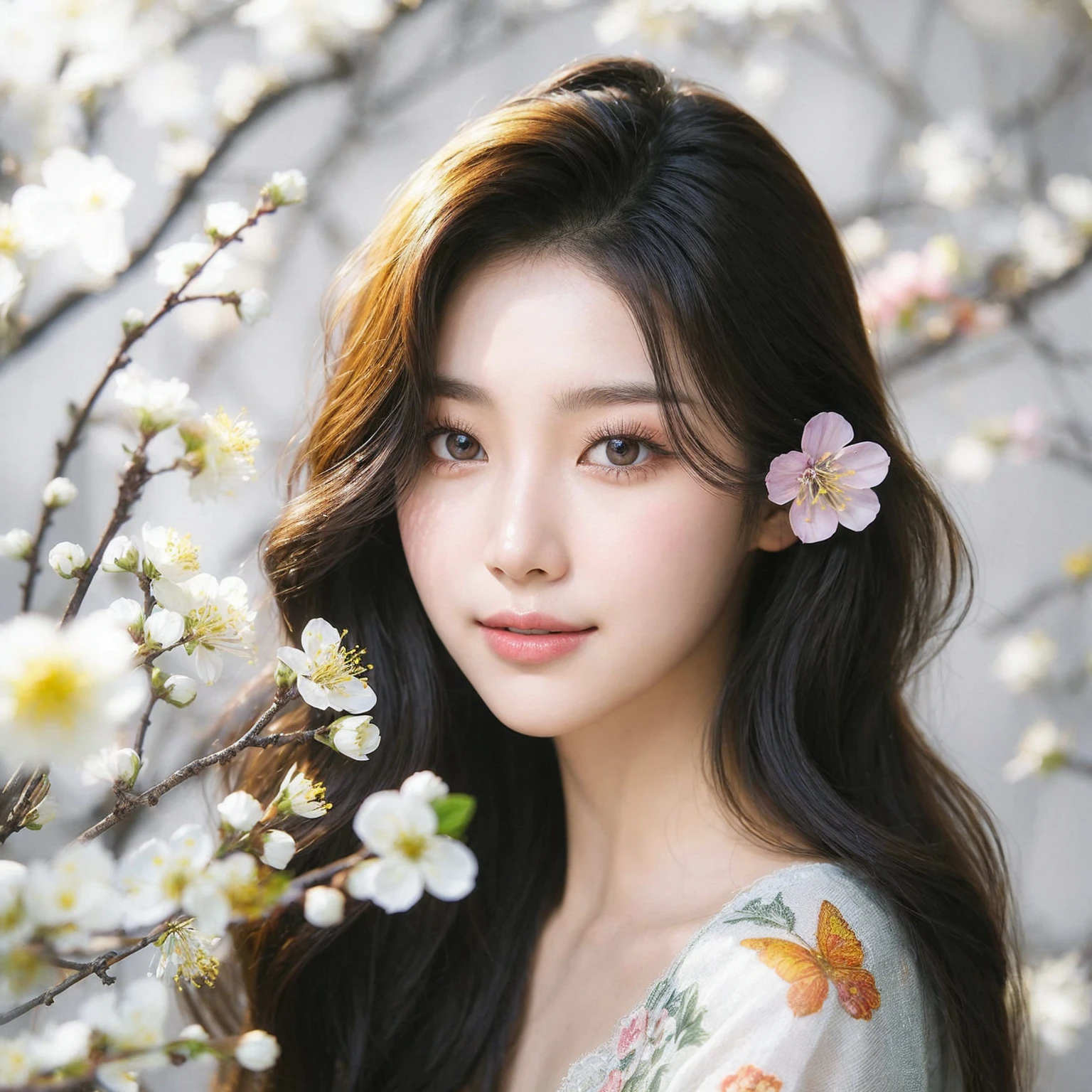 korean women, Superfine painterly primavera, spring flowers, delicate beauty, stellar eyes, maelstrom hair, beautifully backlit in the spring, bright and cheerful color palette