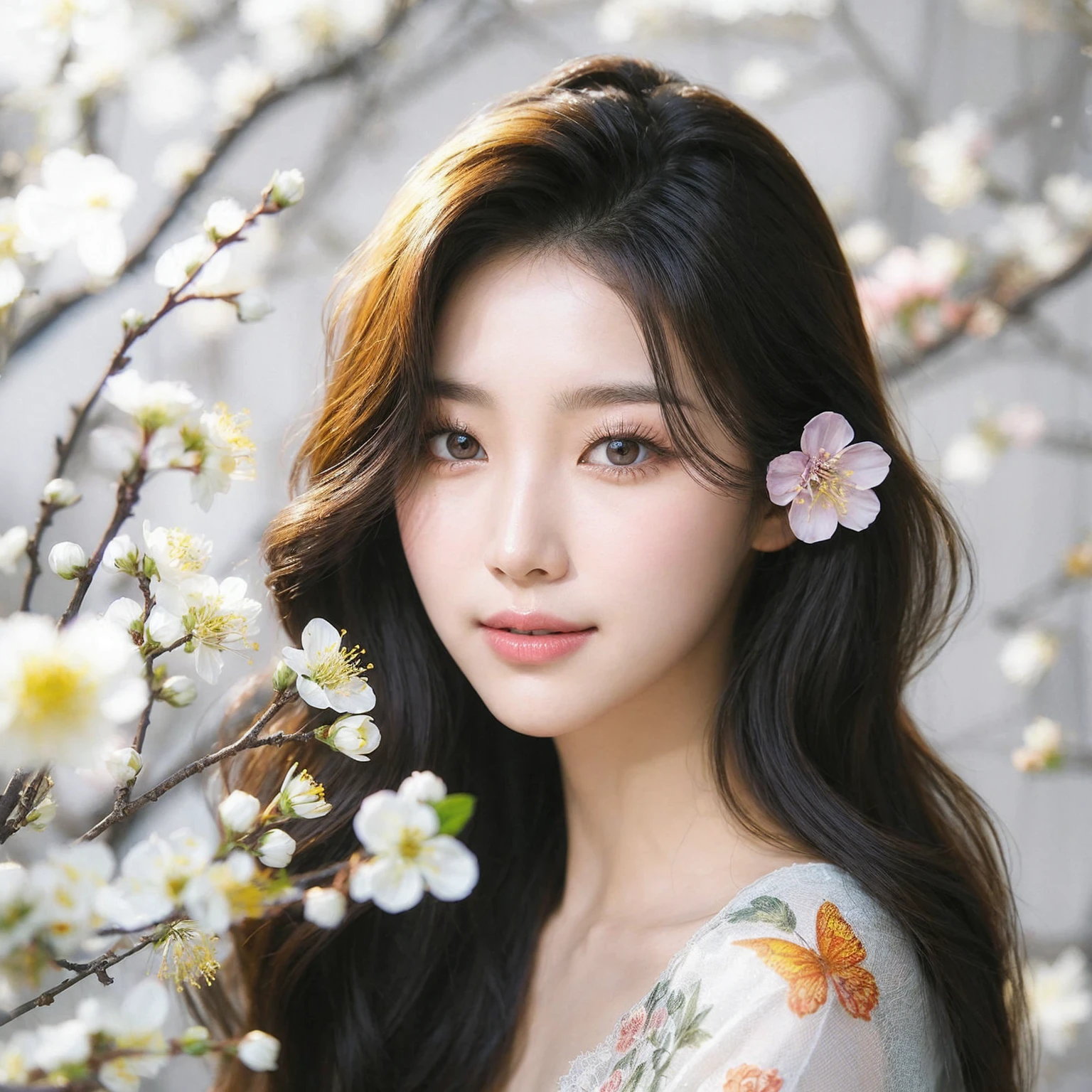 korean women, Superfine painterly primavera, spring flowers, delicate beauty, stellar eyes, maelstrom hair, beautifully backlit in the spring, bright and cheerful color palette