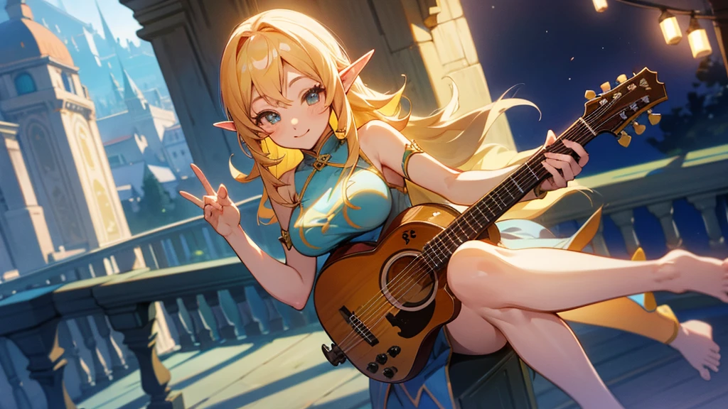 Anime Style,night,Detailed background,Magical World,A lively balcony with many people,Smiling bard beautiful elf girl,guitar,Large Breasts,Healthy thighs,Underarm,Barefoot