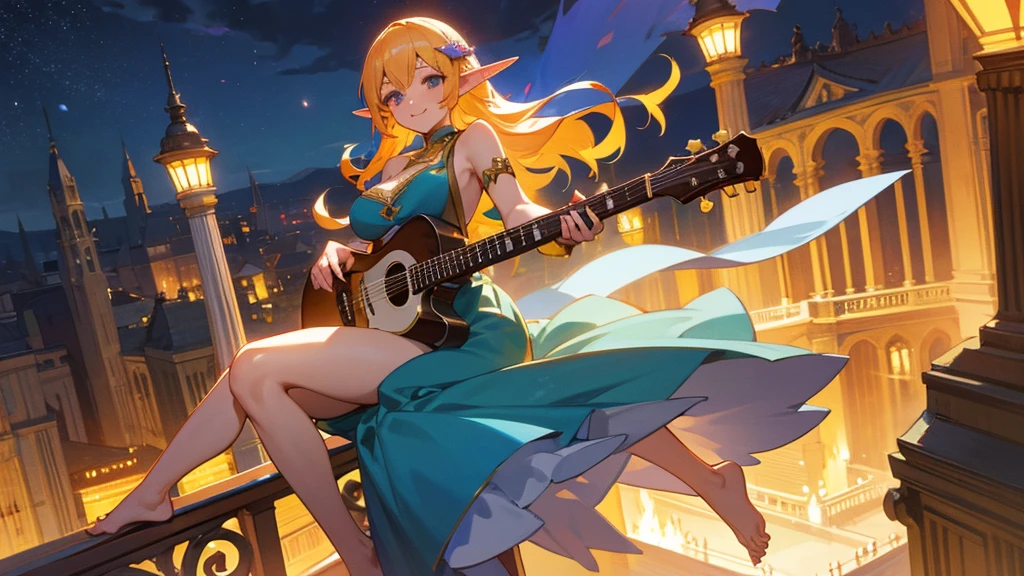 Anime Style,night,Detailed background,Magical World,A lively balcony with many people,Smiling bard beautiful elf girl,guitar,Large Breasts,Healthy thighs,Underarm,Barefoot