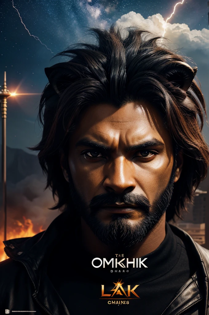 The name "OMPRAKASH"with fire, smoke, and lightning stars IN DIFFERENT SHADES OF black and a lion's head, typography, 3d rendering, photography, architecture, photo, fashion, vibrant, cinematic, 3d render, poster