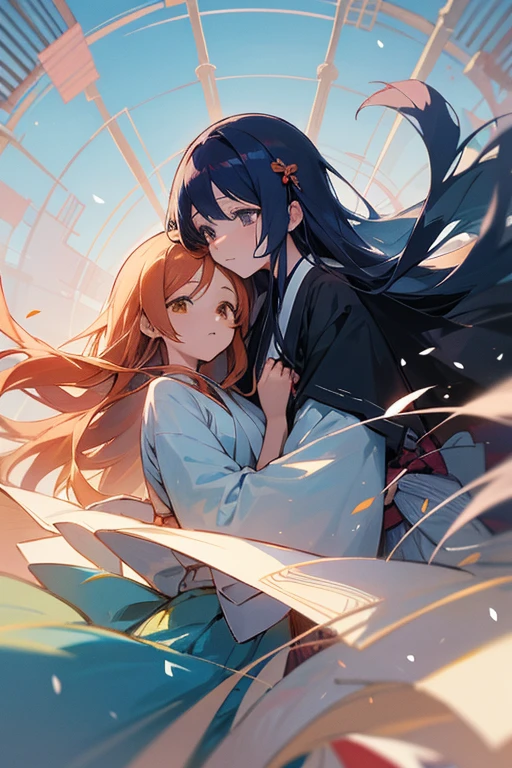 a detailed illustration of Orihime and Hikoboshi gazing at each other under a lattice with many wind chimes hanging, pixiv award winner, highly detailed, illustrator style, wind blowing through their hair、The two are wearing kimonos、