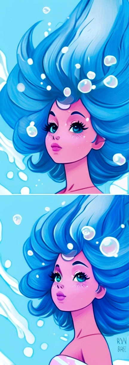a close up of a woman with blue hair and bubbles on her head, a digital painting by Ryan Yee, Artstation, digital art, jen bartel, loish |, water element, a beautiful artwork illustration, loish art style, loish van baarle, water elemental, rossdraws pastel vibrant, trending on artstration
