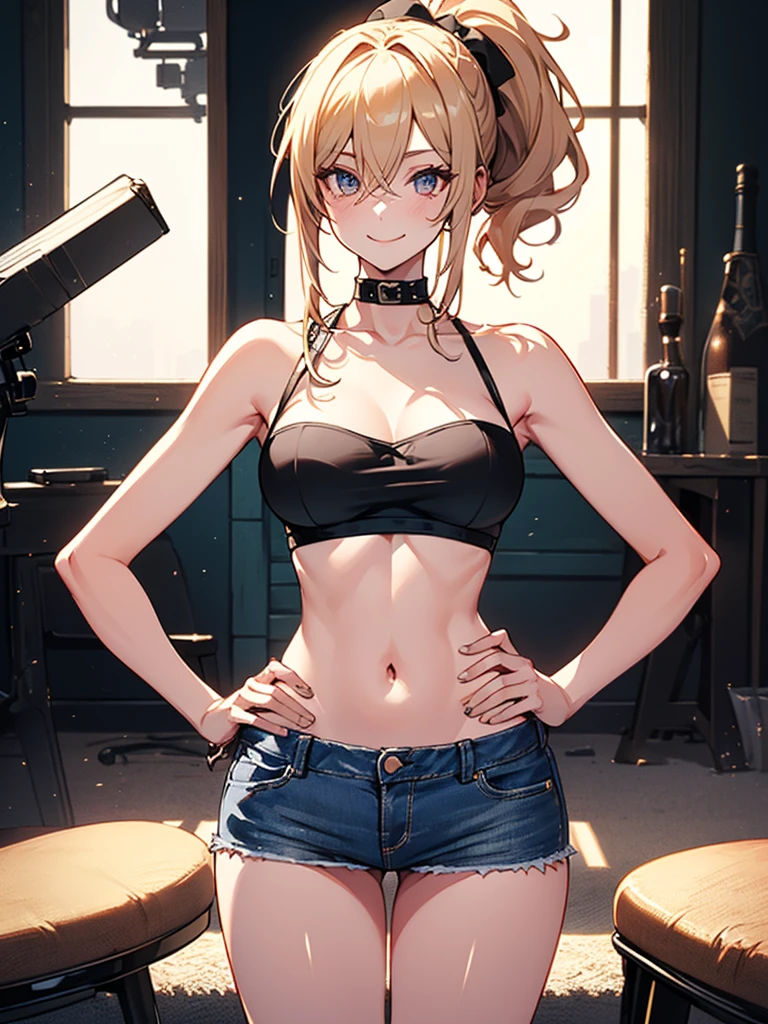 (highest quality, High resolution, perfect pixel, Depth of bounds written, 4K), upper body, (chair), (looking down), (detailed eyes), (1 lady), tall, (skinny body:1.2), (thin thighs:1.2), (Narrow hips:1.2), (black tube tops:1.4), bellybutton, sleeveless, middle breasts, (blond hair), (ponytail:1.2), (standing:1.2),  (denim skirt:1.2), (panty strap), (hands on hips:1.2), contrapposto, (seductive smile), 