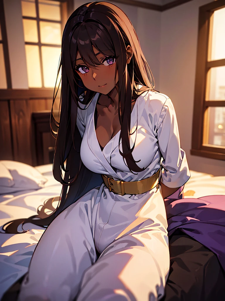 (masterpiece、top-quality、hight resolution、Unity 8k Wallpaper、extremely details CG:1), Illustration of a female model in an indecent pose. The model is striking an alluring pose. The model is looking quietly seductive. She is wearing an outfit appropriate for a masturbator. The background is a well-lit studio setting in a private room with a bed. The overall atmosphere is professional and glamorous, emphasizing the beauty and sexuality of the models. nsfw, ((purple ribbon)), (((((dark brown skin)))))