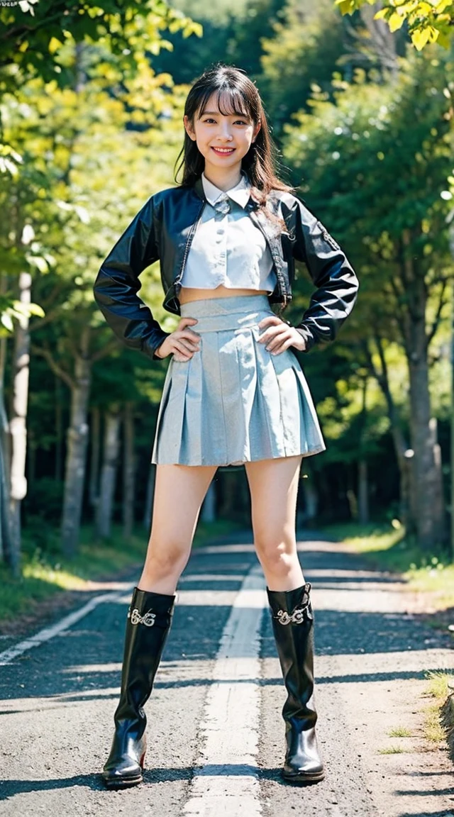 (8K、RAW Photos、Highest quality、masterpiece:1.2)、(Realistic、Photorealistic)、1 Girl、((Check skirt、good、Wavy and mysterious、I can see your feet、boots、Small breasts、Nipples、Viewed from the front、Stand with your feet apart、in the forest、))、Lots of eyelashes、Add shine to your eyelids、skeletally correct、Sweaty body、Beautifully trimmed fingertips、smile、Stand with hands on hips、 the sky