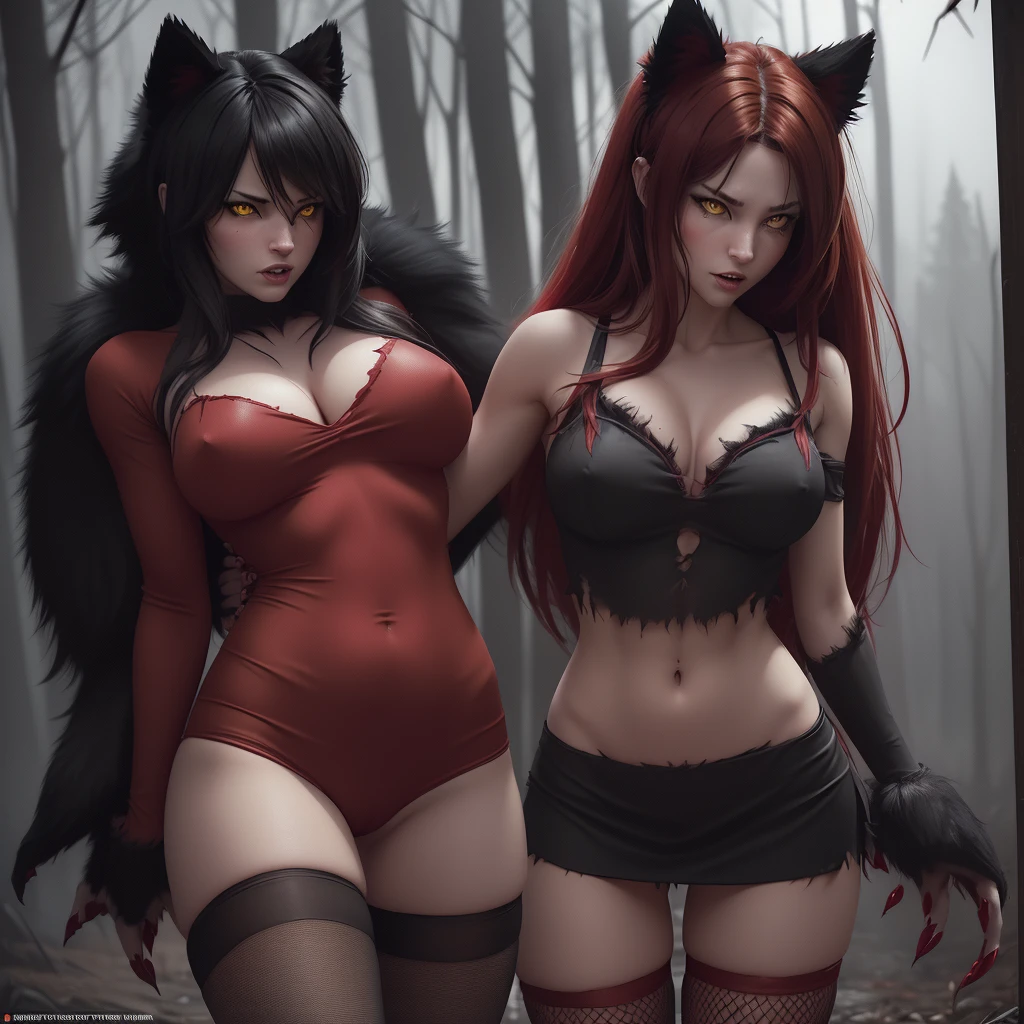 (damsel in distress)(multiple subjects, extreme complexity)(subject 1: a young woman ,belledel, torn red miniskirt, red fishnet top (damaged), red fishnet thigh high stockings (damaged), no underwear, twin pigtails with red high lights) running terrified through a dark haunted forest, (Subject 2: hungry monster, a werewolf (Big scary wolf man (black fur, yellow eyes) with tatters of red fabric on his claws)) chasing her, cinematic lighting, dramatic scene, detailed facial features, beautiful eyes, photorealistic, dark fantasy, (best quality,8k,highres,masterpiece:1.2),ultra-detailed,(realistic,photorealistic,photo-realistic:1.37),dramatic lighting,moody atmosphere,detailed textures,haunting,cinematic