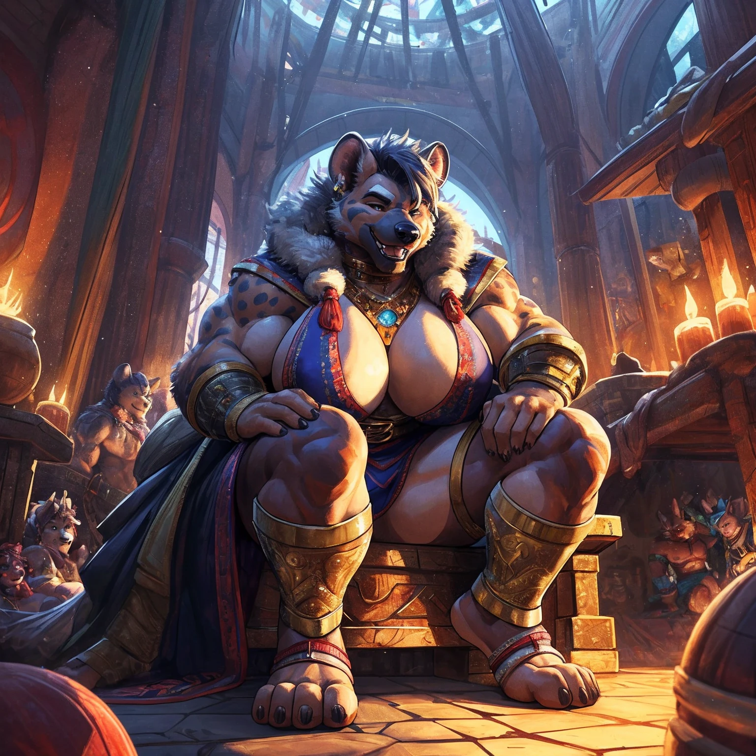 uploaded to e621.net, masterpiece, 8k, hyena woman, gray hair, matriarch, muscular, barbarian outfit, brown leather outfit, beige fur, spots, bare paws, wooden throne, seated, (huge breasts:1.2), large areolae, nipple outline, laughing, primitive keep, stone room, treasures, (crowded:1.3), (figures in background:1.5), (muscular guards:1.2), longhouse, by darkgem, by duase,