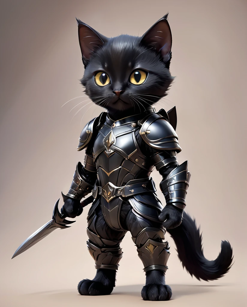 High-detail images Black cat kitten Warrior Wearing armor Full Body Shot Looking straight at me