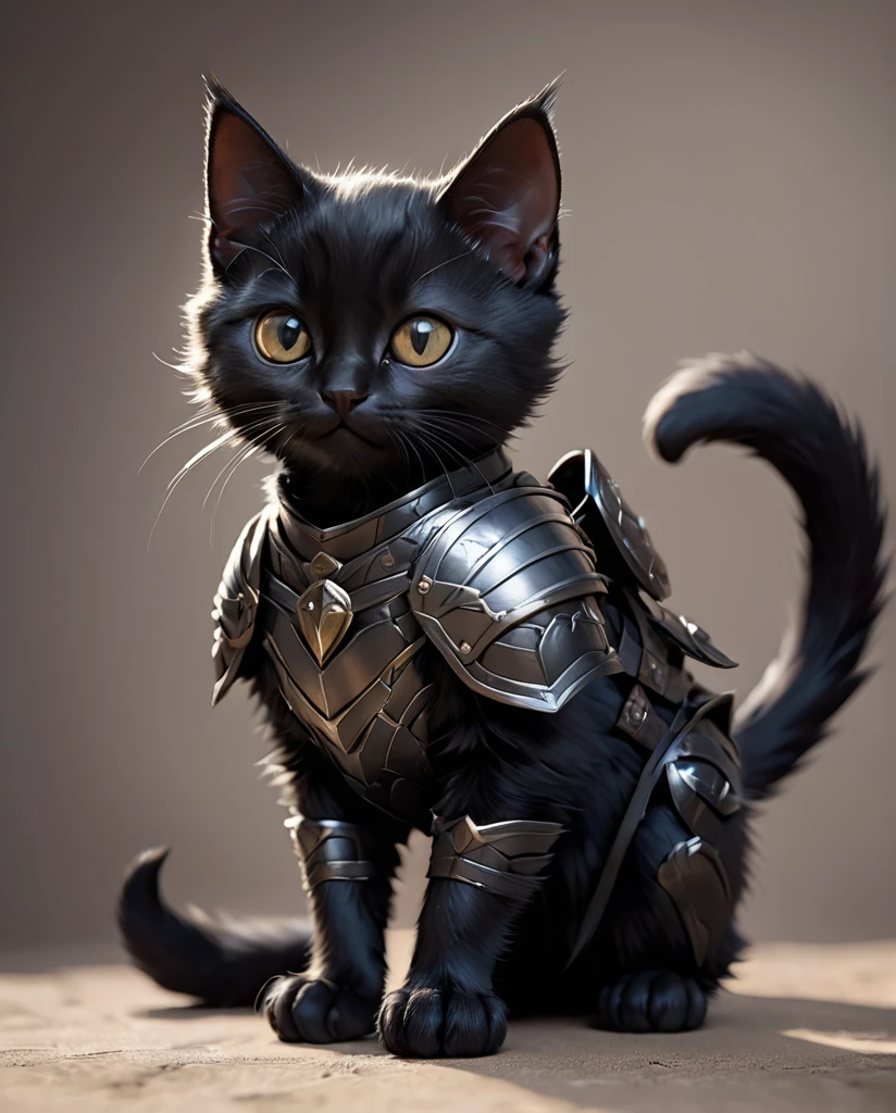 High-detail images　Black cat kitten　Warrior　Wearing armor　Full Body Shot　Looking straight at me　