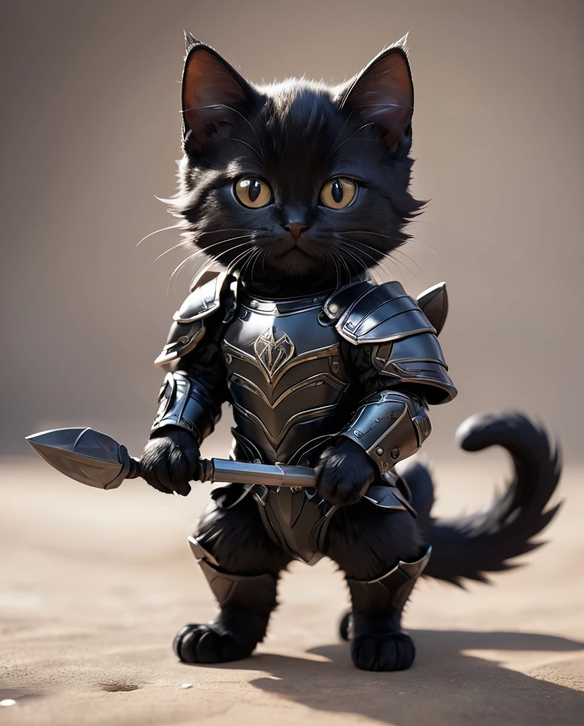 High-detail images　Black cat kitten　Warrior　Wearing armor　Full Body Shot　Looking straight at me　
