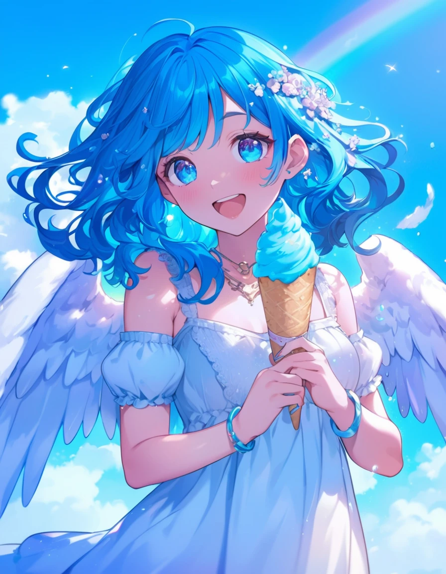 Busty woman with blue hair holding an ice cream cone in front of a rainbow, of an beautiful、High quality anime art style, Detailed fan art