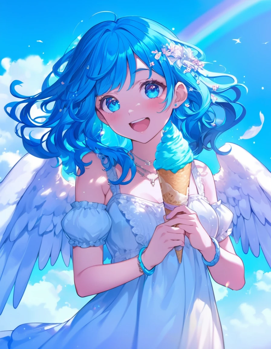 Busty woman with blue hair holding an ice cream cone in front of a rainbow, of an beautiful、High quality anime art style, Detailed fan art