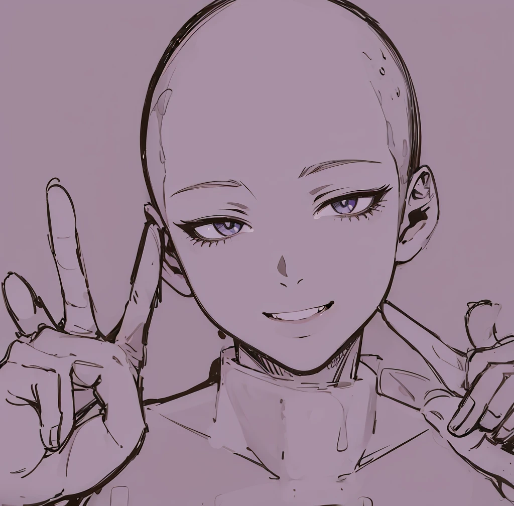 drawing of a bald man with a smile on his face, detailed anime soft face, portrait of pretty man, flat anime style shading, clean anime outlines, elegant smiling pose, ((wink smile expression)), face anime portrait, attractive, high detailed face anime, detailed anime face, dramatic smiling pose, seinen manga portrait, anime style portrait, peace pose, peace sign, two fingers gesture, fix hands, fix fingers, fix eyes