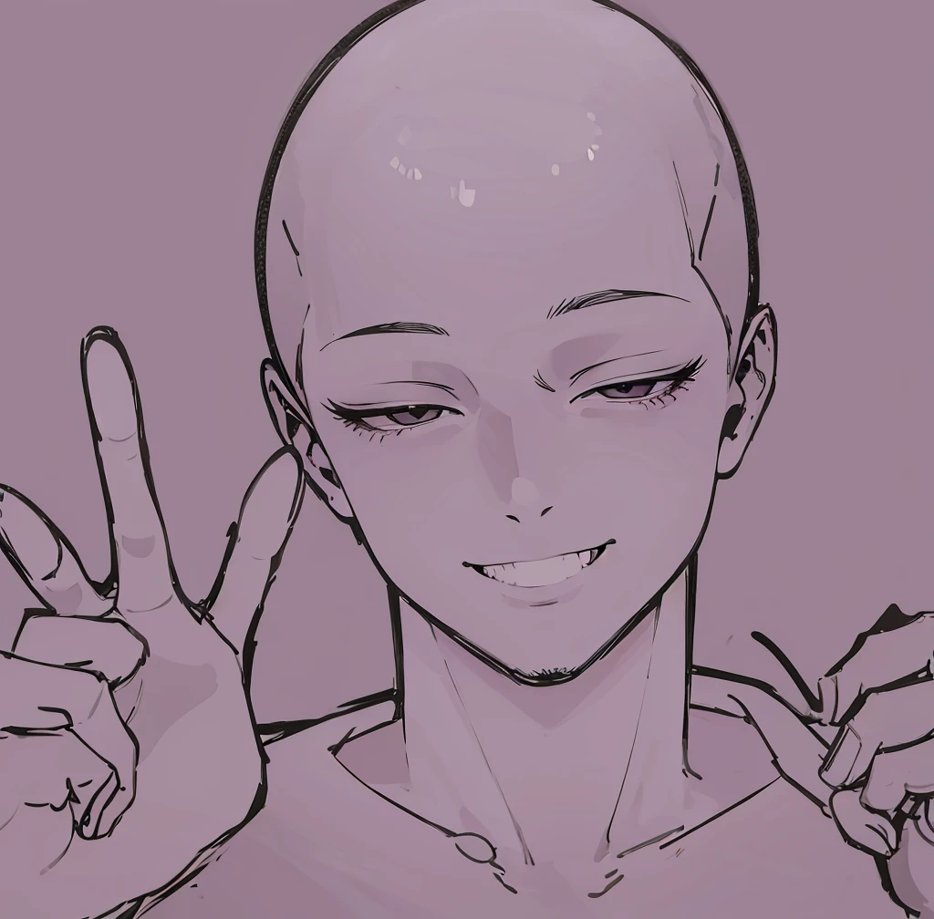 drawing of a bald man with a smile on his face, detailed anime soft face, portrait of pretty man, flat anime style shading, clean anime outlines, elegant smiling pose, ((wink smile expression)), face anime portrait, attractive, high detailed face anime, detailed anime face, dramatic smiling pose, seinen manga portrait, anime style portrait, peace pose, peace sign, two fingers gesture, fix hands, fix fingers, fix eyes