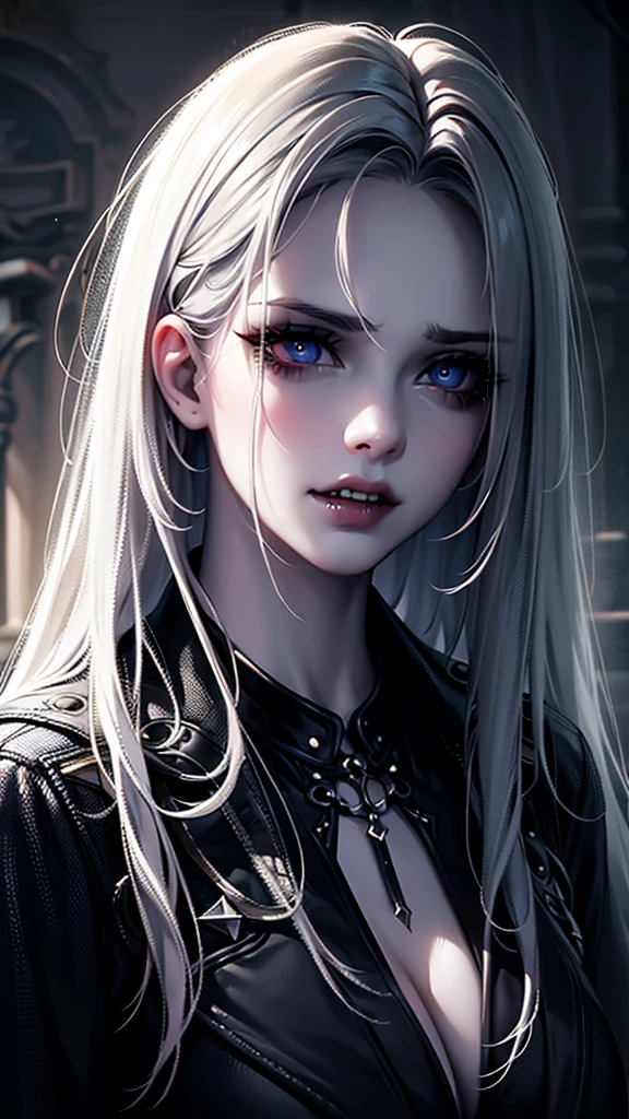 realistic1girl,beautiful detailed eyes,beautiful detailed lips,extremely detailed eyes and face,longeyelashes,pale skin,unkempt hair,messy hair,sharp teeth,fangs,horror,dark,moody,dramatic lighting,chiaroscuro,high contrast,cinematic,HDR,8k,high quality,masterpiece,digital painting