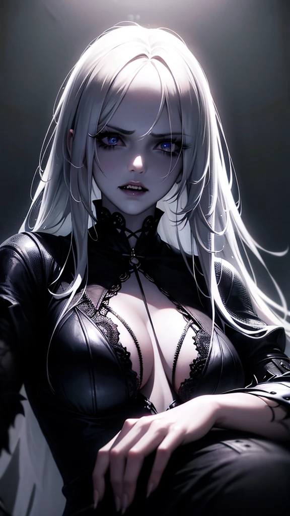 realistic1girl,beautiful detailed eyes,beautiful detailed lips,extremely detailed eyes and face,longeyelashes,pale skin,unkempt hair,messy hair,sharp teeth,fangs,horror,dark,moody,dramatic lighting,chiaroscuro,high contrast,cinematic,HDR,8k,high quality,masterpiece,digital painting