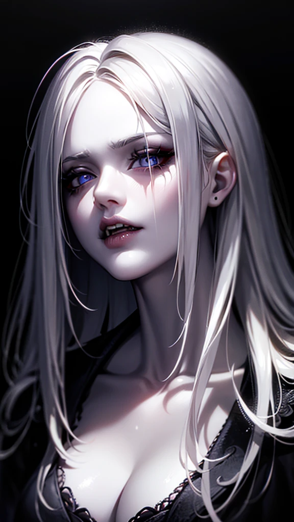 realistic1girl,beautiful detailed eyes,beautiful detailed lips,extremely detailed eyes and face,longeyelashes,pale skin,unkempt hair,messy hair,sharp teeth,fangs,horror,dark,moody,dramatic lighting,chiaroscuro,high contrast,cinematic,HDR,8k,high quality,masterpiece,digital painting