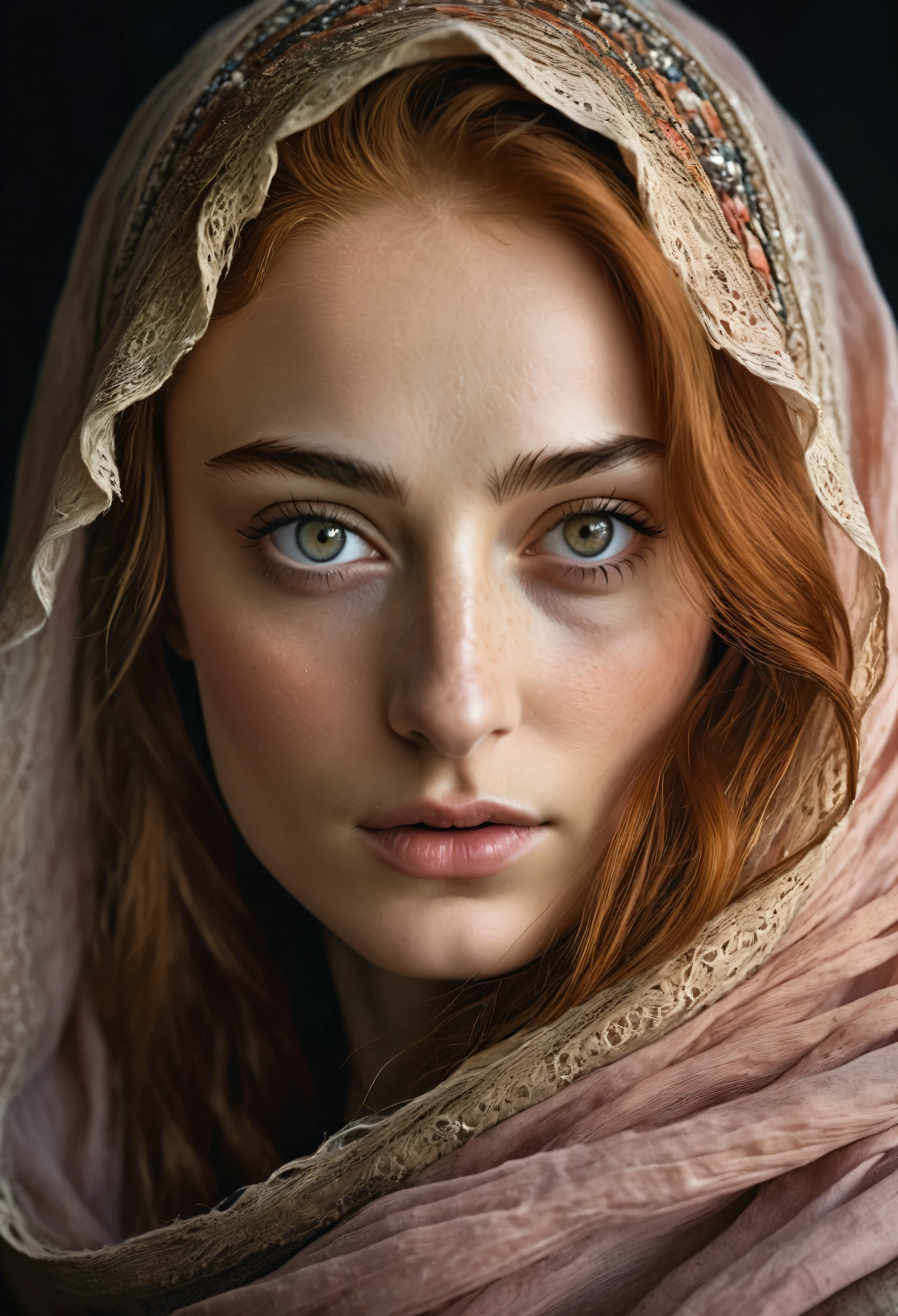 Face of Sophie Turner, a photorealistic portrait of a stunningly beautiful woman without make-up, extremely detailed light hazel eyes, detailed symmetric realistic face, natural skin texture, extremely detailed skin with skin pores, peach fuzz, messy hair, wearing shawl over her head, masterpiece, absurdres, award winning photo by lee jeffries, nikon d850 film stock photograph, kodak portra 400 camera f1.6 lens, extremely detailed, amazing, fine detail, rich colors, hyper realistic lifelike texture, dramatic lighting, unrealengine, trending on artstation, cinestill 800 tungsten, looking at the viewer, photo realistic, RAW photo, TanvirTamim, high quality, highres, sharp focus, extremely detailed, cinematic lighting, 8k uhd