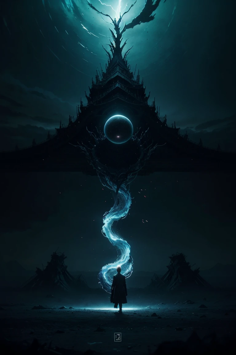 Create an intense scene depicting a ‘domain expansion’ emptiness from Jujutsu Kaisen. The scene should show a dark, surreal environment with swirling energy and a sense of void. In the center, a powerful sorcerer is performing the domain expansion, surrounded by a glowing aura. The background should have intricate, otherworldly designs and a sense of depth, with twisted structures and floating elements. The atmosphere should be ominous, with dark colors and vibrant highlights to emphasize the supernatural power and the emptiness being unleashed.