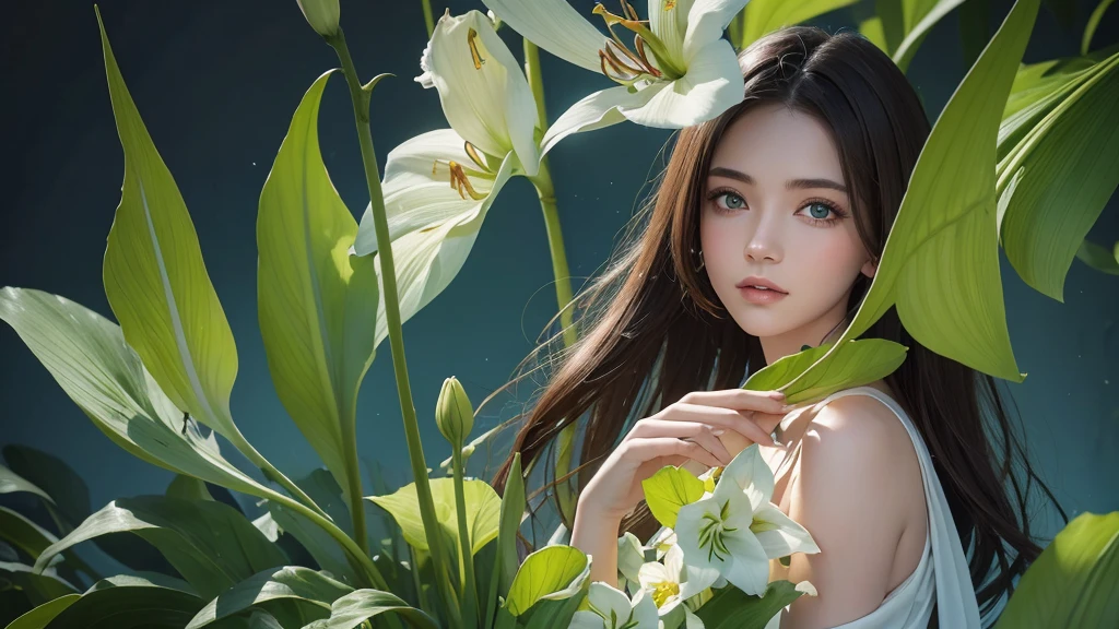 32k, Masterpiece, Highest quality, One girl, Brown Hair, Detailed eyes, flower,Amaryllis, Blue and green style,A dreamy, romantic piece,Pale yellow, Mysterious Leaves,A playful arrangement,Fantasy,High Contrast,Ink strokes,explosion,Exposure, Impression of blue and green tones,Abstract, Brush strokes,Negative Space, Tyndall effect