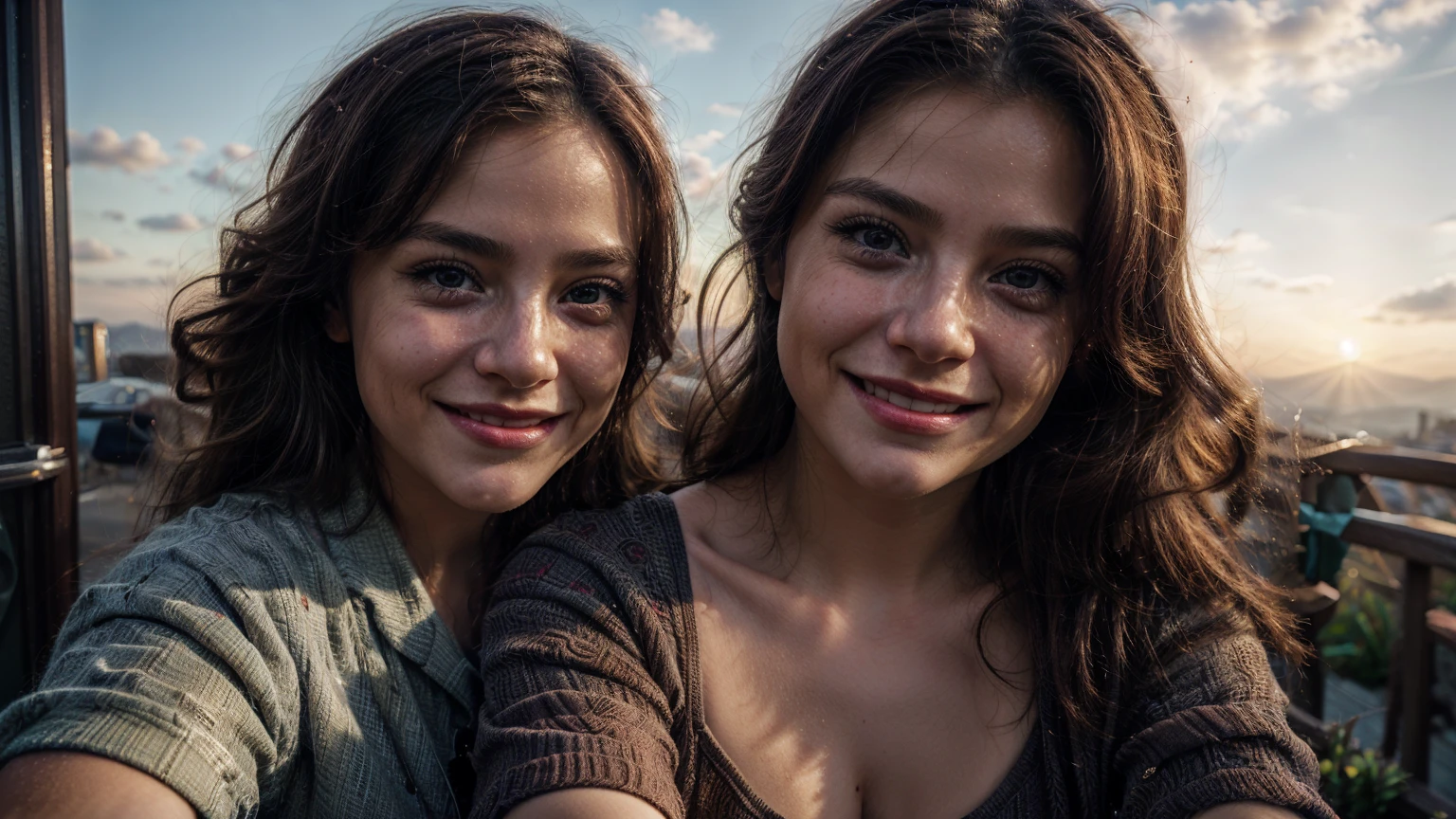 (1 girl and 1 man), look at each other, Sunset in the background, (happy face), (selfie:1.5), (Perfect face:1.1), Masterpiece, Of the highest quality, Colorful cinematic lighting, portrait photography, dappled light, romantic, HDR, Very detailed, Hasselblad, 8k, Hyper realistic, F1.4 opening, 8mm film grain, Cinestill 800,
