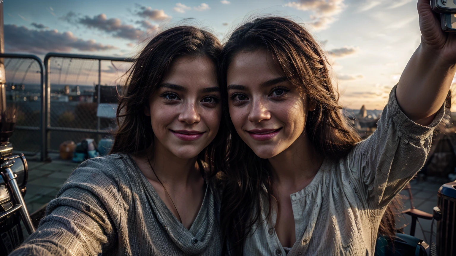 (1 girl and 1 man), look at each other, Sunset in the background, (happy face), (selfie:1.5), (Perfect face:1.1), Masterpiece, Of the highest quality, Colorful cinematic lighting, portrait photography,  dappled light, romantic, HDR, Very detailed, Hasselblad, 8k, Hyper realistic, F1.4 opening, 8mm film grain, Cinestill 800, 