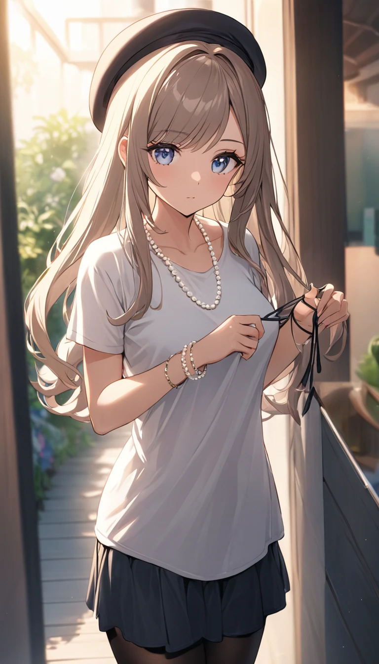 gorgeous adult woman, long neck, sidelocks, swept bangs, big hair, beret, perfect eyes, soft light, high quality, 4k resolution, casual clothes, pearl necklace, T-shirt, summer, Putting on a bracelet, Black Stockings