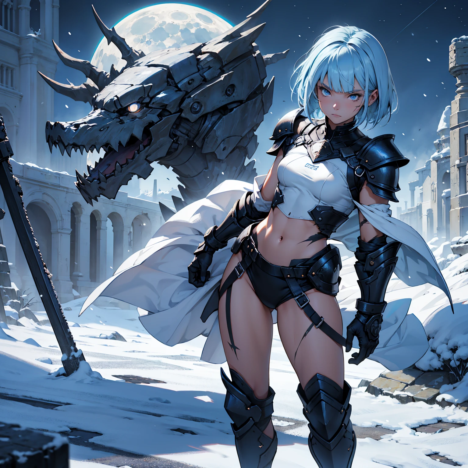 1girl!!!, long bob cut with bangs, light blue hair, very small breasts, small size, blue eyes, fair skin, lots of scars, no scars on the face, serious face, Small battle armor, full body, night, moon, snowy ruin, very sexy body, detailed face, highly detailed, 8k, best quality, masterpiece, vibrant colors, digital art, concept art