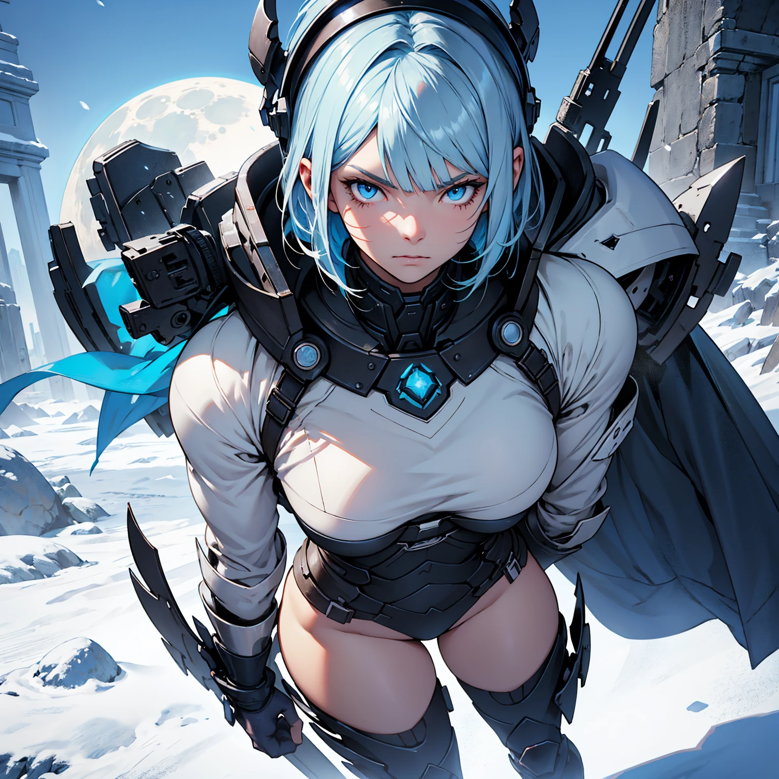 1girl!!!, long bob cut with bangs, light blue hair, very small breasts, small size, blue eyes, fair skin, lots of scars, no scars on the face, serious face, Small battle armor, full body, night, moon, snowy ruin, very sexy body, detailed face, highly detailed, 8k, best quality, masterpiece, vibrant colors, digital art, concept art