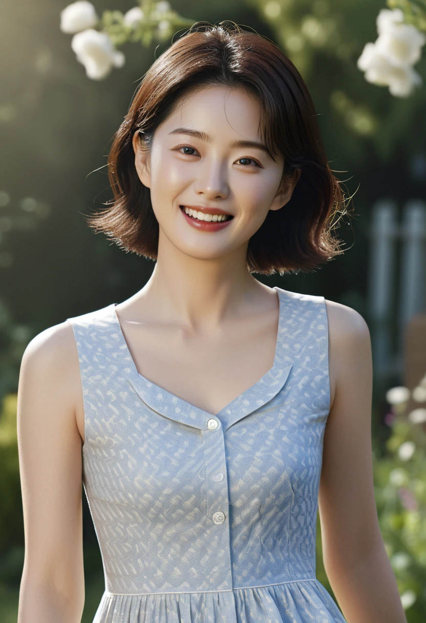 1 woman, (Wearing a sleeveless high-quality brand dress with good texture:1.6),(raw photo, best quality), (realistic, photo-realistic:1.4), masterpiece, Very delicate and beautiful Korean woman, very detailed, 2k wallpaper, amazing, in detail, very detailed CG unity 8k wallpaper, very detailed, mackerel, soft light, Beautiful and detailed 36 year old woman, very detailed eyes and face, beautiful and delicate nose, beautiful detailed eyes,cinematic lighting,(in the garden:1.6),complete ???????,slim body,(laugh:1.4),(young girl:1.4),(cowboy shot:1.6),(look at the viewer:1.4),(front view:2.0),cinematic angle,Inspired by Son Ye-jin,standing,(split:0.8), Short hair