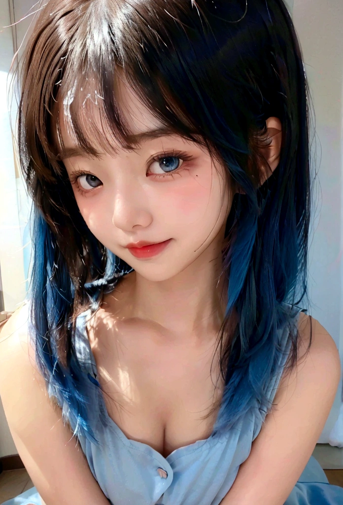 In the room, underwear, blush, focus on face, bangs, hair circle, blue hair