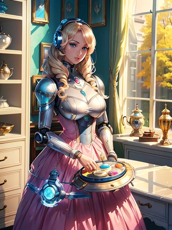 (robot housewife),(display case),(pink dress),(blonde hair),(blue eyes),(plastic skin),(best quality,4k,8k,highres,masterpiece:1.2),ultra-detailed,(realistic,photorealistic,photo-realistic:1.37),portraits,(vibrant colors,colorful:1.1),(soft lighting),(silverware),(spotless kitchen),(beautifully decorated room),(elegant surroundings),(big windows),(tidy and organized),(comfortable living space),(tastefully designed),(stunning artwork),glass showcase),(precious collectibles),(interesting artifacts),(showcasing treasures),(spotlight),(meticulously arranged),(enticing arrangement), (robot parts)