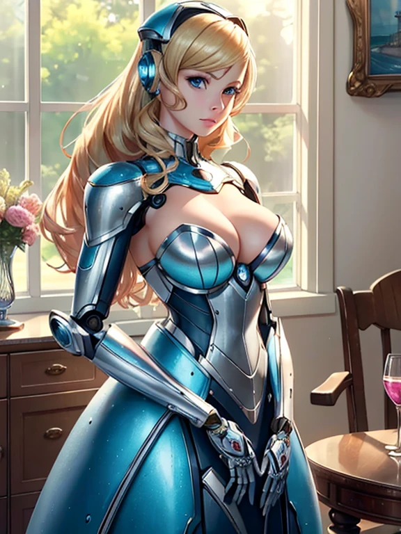 (robot housewife),(display case),(pink dress),(blonde hair),(blue eyes),(plastic skin),(best quality,4k,8k,highres,masterpiece:1.2),ultra-detailed,(realistic,photorealistic,photo-realistic:1.37),portraits,(vibrant colors,colorful:1.1),(soft lighting),(silverware),(spotless kitchen),(beautifully decorated room),(elegant surroundings),(big windows),(tidy and organized),(comfortable living space),(tastefully designed),(stunning artwork),glass showcase),(precious collectibles),(interesting artifacts),(showcasing treasures),(spotlight),(meticulously arranged),(enticing arrangement), (robot parts)