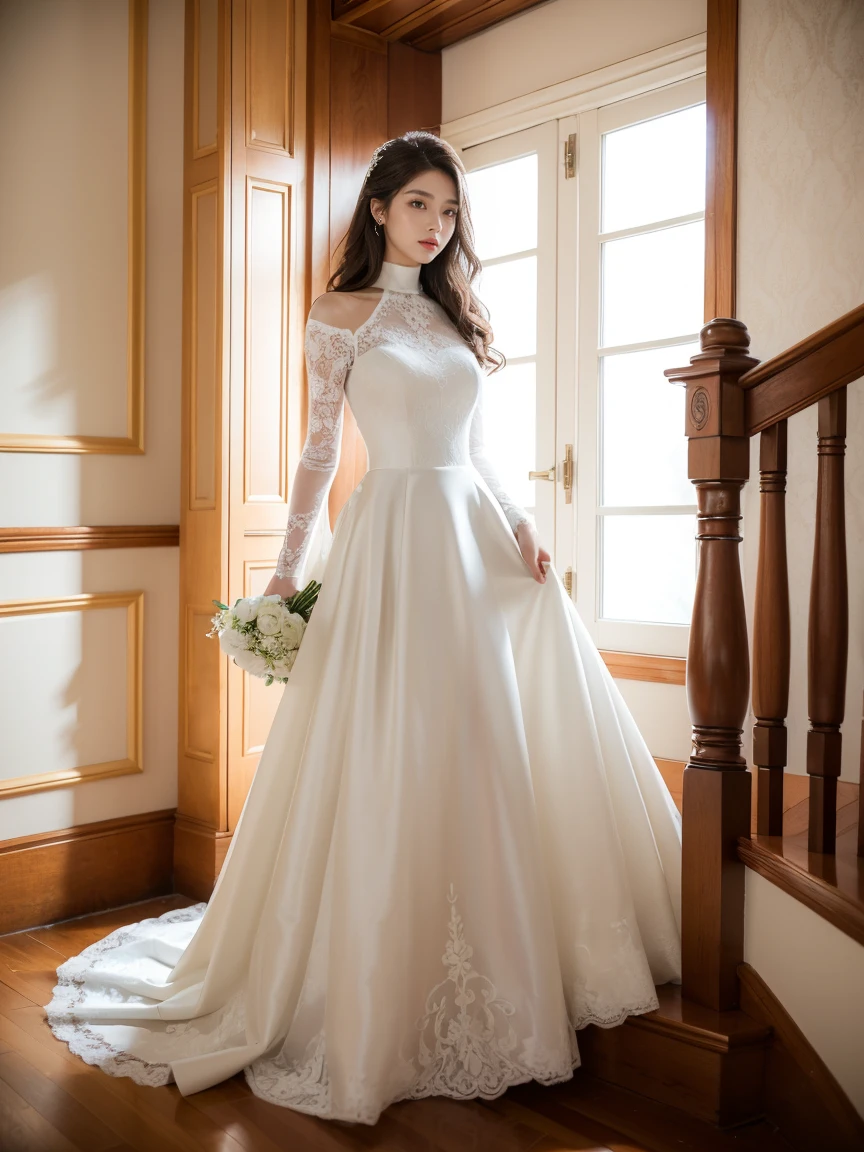 (8K,tmasterpiece,RAW photos,best qualtiy,the detail:1.2),Korean female model,Height 175 cm,perfect bodies,Long legs,wavy and long hair,Standing on wooden stairs in wedding dress and high heels, emaciated wedding dress, sexy gown, long wedding dress, full - length view, fantasy long intricate gown, white turtleneck lace dress, an elegant woman in white wedding dress, full lenght shot, sophisticated dress,((Pantyhose)),Ray tracing,Full body portrait