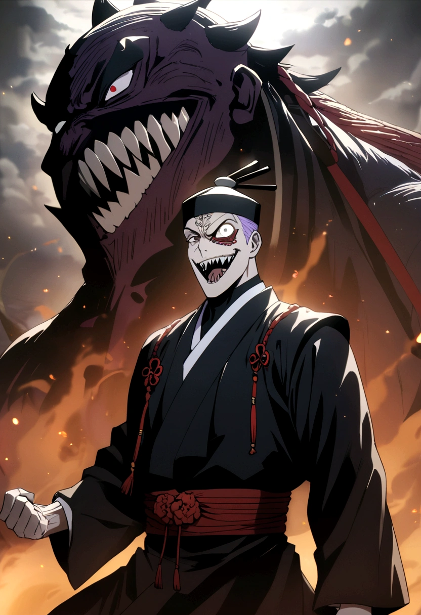 Create a man with a single giant eye on his face (purple) , and a mouth with sharp teeth smiling, a Japanese-style hat with one eye, add several accessories, anime styling (JUJUTSU KAİSEN)