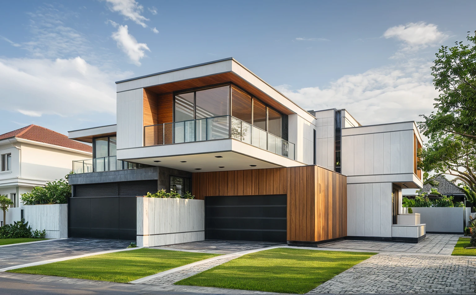 modern villa on street, (daylight), tropical tree, vivid colour, streetcapes, white tone, white wall, large glass door, warm interior lighting, wood and marble, best quality, 17ArchiAI_XL_VL-v1