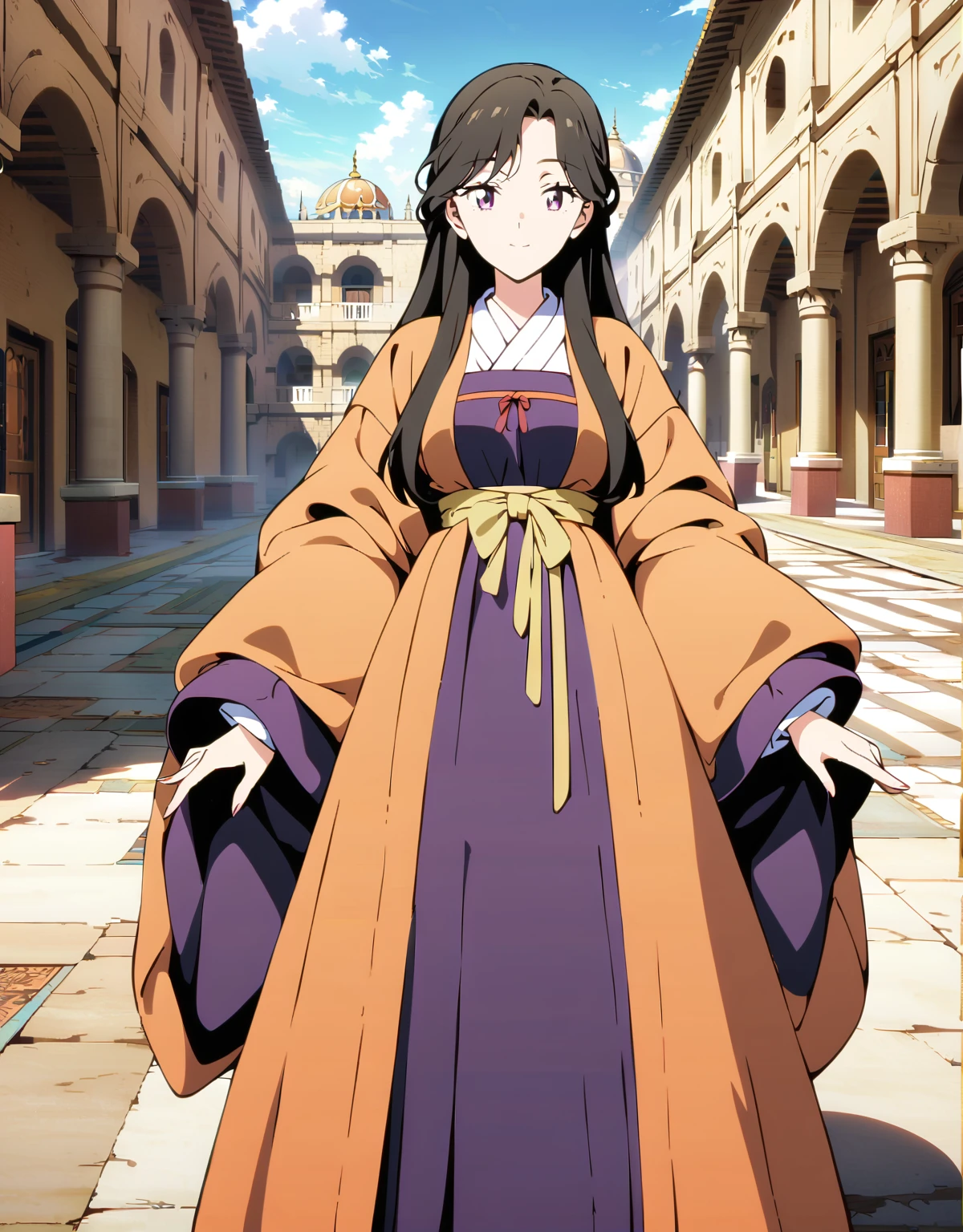 (Ultra-detailed illustrations:1.2),A cartoon character in an orange and black dress stands in a courtyard, Anime Moe Art Style, Flowing hair and long robes, Roomy robes, palace ， Girl in Hanfu, Official Art, wearing Roomy robes, Black-haired wizard, Fate-like anime style/Stay Night, ((wearing a noble robe)), 