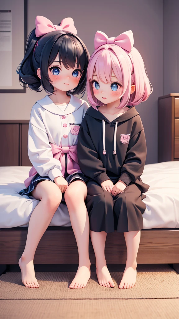 ((2girls, for two)), ((petite kawaii, jk bishojo)), ((kawaii face)), ((kawaii cute eyes)), ((masterpiece)), ((best quality)), ((ultra detailed)), ((8k)), ((depth)), ((exquisite)), ((crisp)), ((highres)), ((high standard)), ((beautiful and aesthetic)), (super detailed skin), (perfect anatomy), (lipstick), (nose blush), (strap slip), (bare foot), (one room), (((lesbian, yuri))), (beautiful hands), ((wariza, girl sitting)), (big bow inhair)