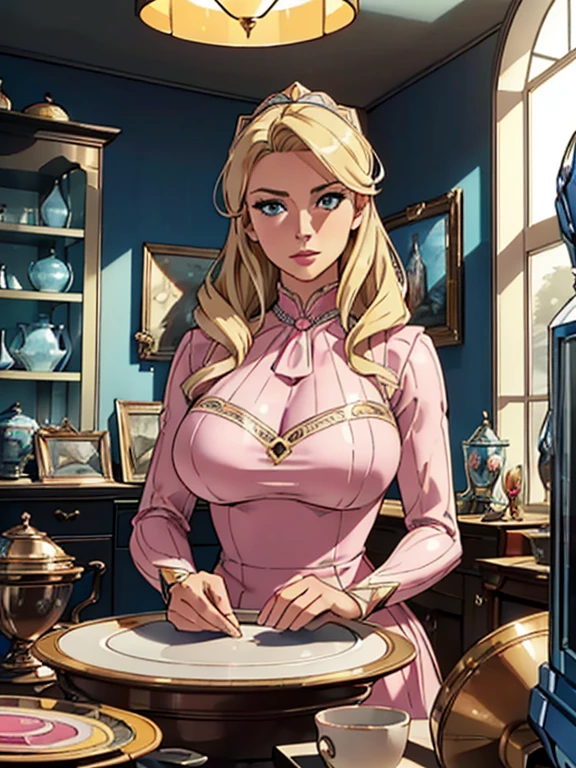 (robot housewife),(display case),(pink dress),(blonde hair),(blue eyes),(plastic skin),(best quality,4k,8k,highres,masterpiece:1.2),ultra-detailed,(realistic,photorealistic,photo-realistic:1.37),portraits,(vibrant colors,colorful:1.1),(soft lighting),(silverware),(spotless kitchen),(beautifully decorated room),(elegant surroundings),(big windows),(tidy and organized),(comfortable living space),(tastefully designed),(stunning artwork),glass showcase),(precious collectibles),(interesting artifacts),(showcasing treasures),(spotlight),(meticulously arranged),(enticing arrangement), (robot parts)