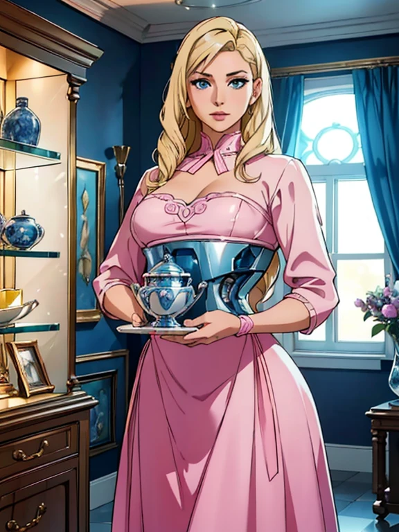 (robot housewife),(display case),(pink dress),(blonde hair),(blue eyes),(plastic skin),(best quality,4k,8k,highres,masterpiece:1.2),ultra-detailed,(realistic,photorealistic,photo-realistic:1.37),portraits,(vibrant colors,colorful:1.1),(soft lighting),(silverware),(spotless kitchen),(beautifully decorated room),(elegant surroundings),(big windows),(tidy and organized),(comfortable living space),(tastefully designed),(stunning artwork),glass showcase),(precious collectibles),(interesting artifacts),(showcasing treasures),(spotlight),(meticulously arranged),(enticing arrangement), (robot parts)