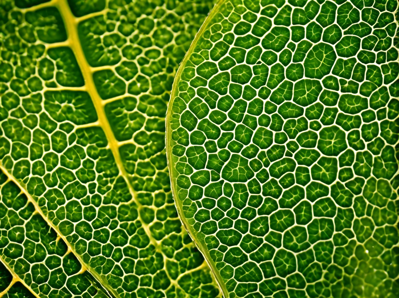 leaf cells under a microscope, optical microscope image, stomata, closeup , realistic very wide shot, landscape, film, professional, 4k