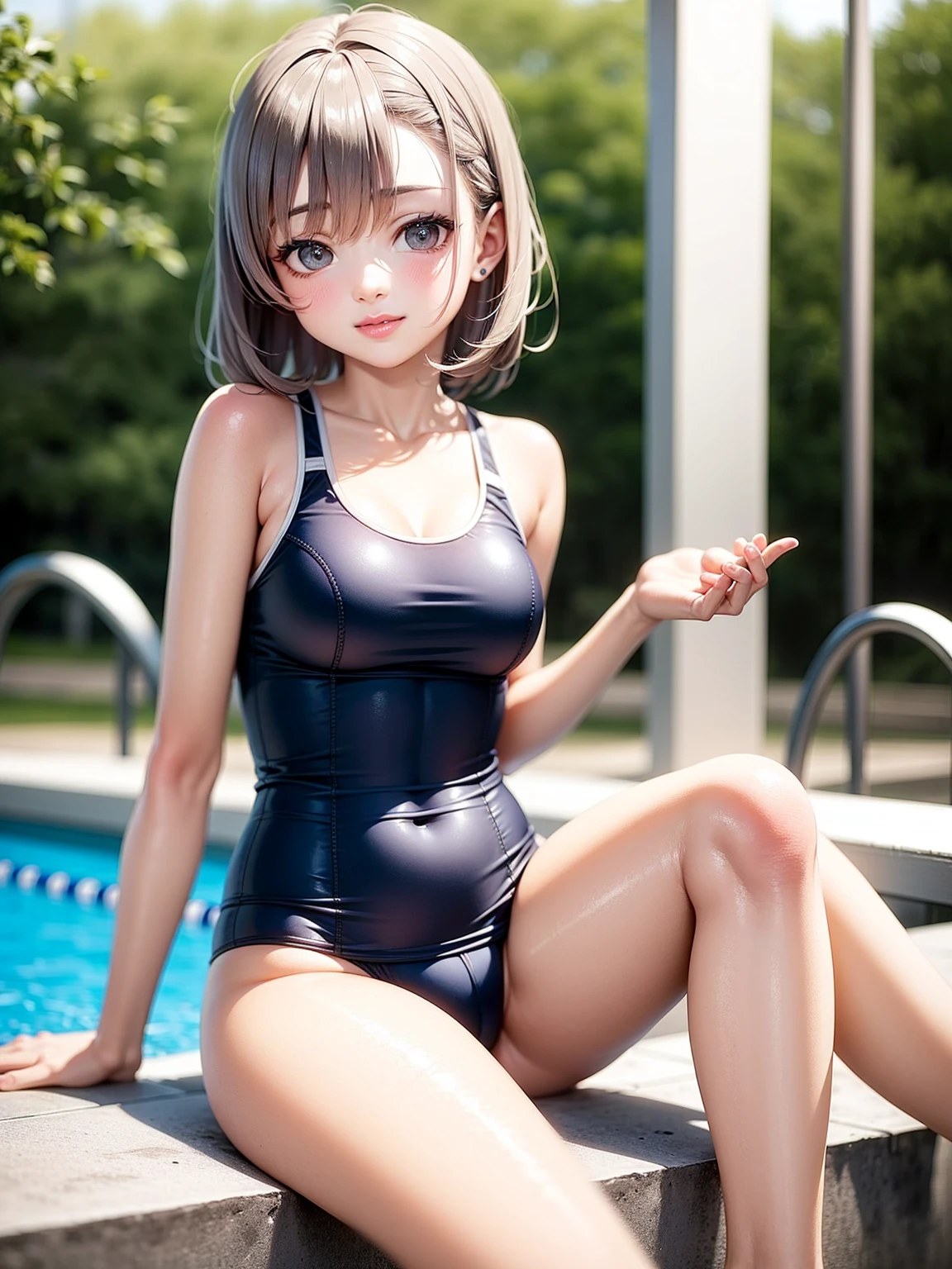 Beautiful girl, Gray Hair, School Swimsuit、Pool、Short