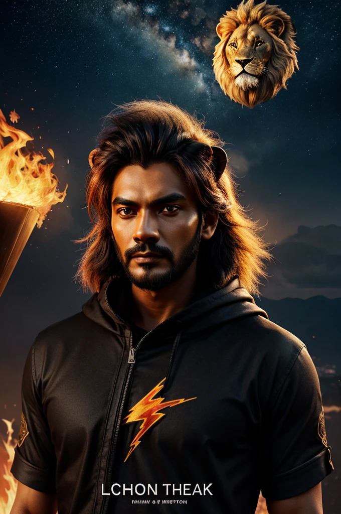 The name OMPRAKASH with fire, smoke, and lightning stars IN DIFFERENT SHADES OF black and a lion's head, typography, 3d rendering, photography, architecture, photo, fashion, vibrant, cinematic, 3d render, poster