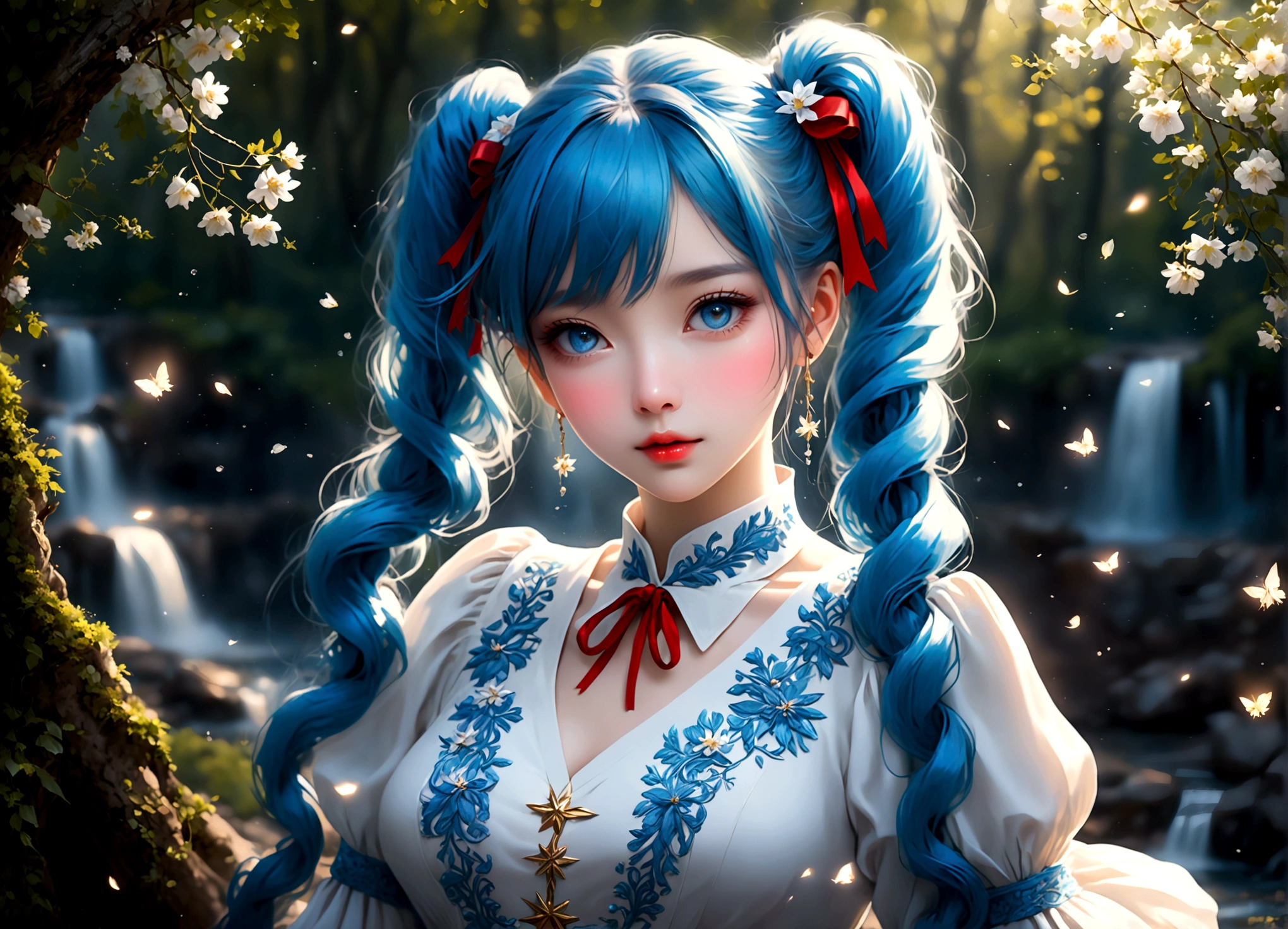 She was wearing a wide-sleeved, double-breasted shirt,White flowers embroidered on the dress,It's like a star in the night sky,There is a blue ribbon tied around the waist,It contrasts sharply with her clothes.,Eye-catching。Her twin ponytails flow like a waterfall,Gently fluttering in the breeze。Her blue eyes are deep and bright,Like the brightest star in the night sky,Reveals a fascinating sense of mystery。Her red lips are so beautiful,It's like a blooming flower,People can't help but want to kiss Fangze。Her face is beautiful,With a faint smile,Gives people a feeling of warmth。 a giant tree, giant tree,(masterpiece:1.2,best quality),(depth of field:1.6),(real picture intricate details),looking at viewer,standing,Portrait Of Stunningly Beautiful Girl,1girl,独奏,(big eyes), Ice Blue hair,short_twintails_Bunches, blue Lace dress,Her temperament is noble and elegant,As if he were a nobleman from a noble family.。Confidence and calm attitude give people an invisible charm。Her figure is slim and graceful,Like a carefully carved work of art。Light and smooth movements,Like a dancer in a dance,Every movement is full of life force and beauty.。